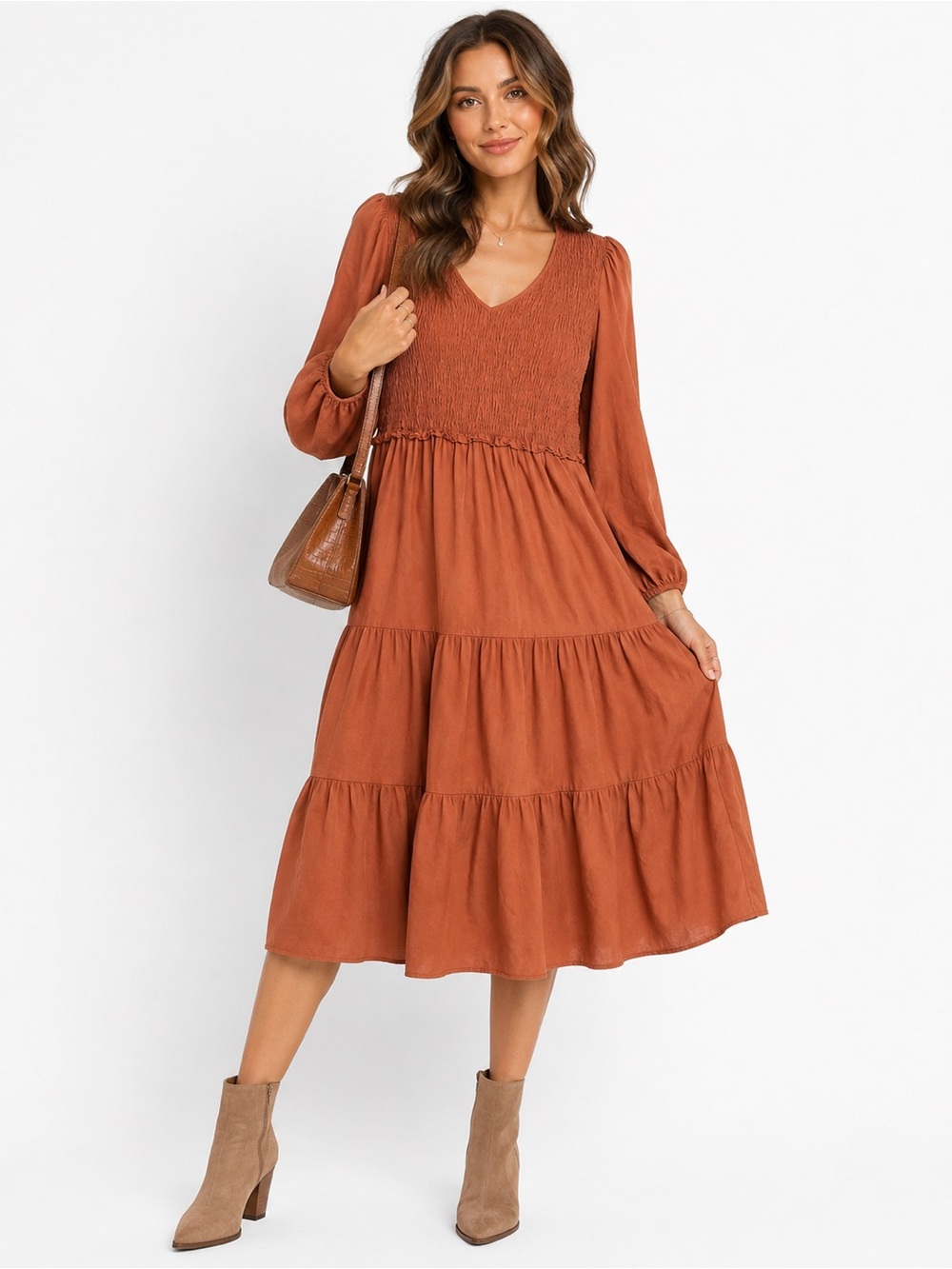 Bohme Rust Long-Sleeve Smocked Tiered Midi Dress Tencel Small Cottagecore